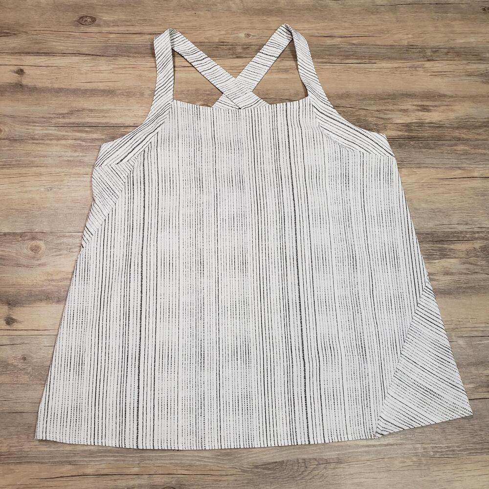 Athleta Tank Top Womens Medium White Black Stripe Crossback Relaxed Fit Athletic